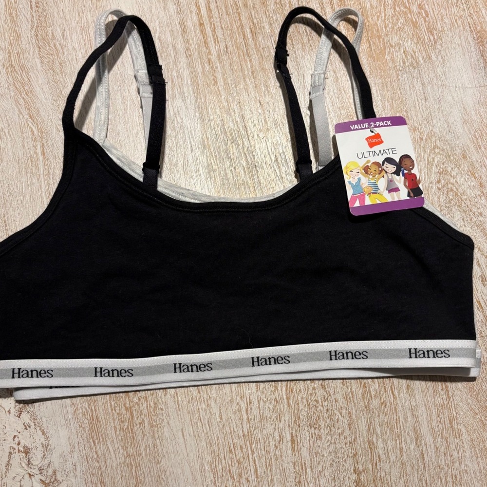 NEW Girls Hanes Large Ultimate 2-Pack Sports Bras Girls Black Gray 1390